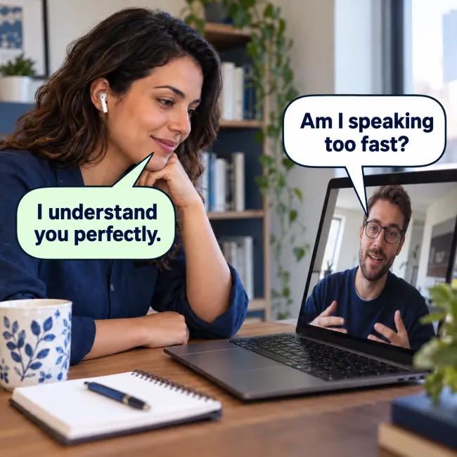 Brasileira em uma chamada de vídeo com um americano. Ele pergunta: Am I speaking too fast? Ela responde: I understand you perfectly.